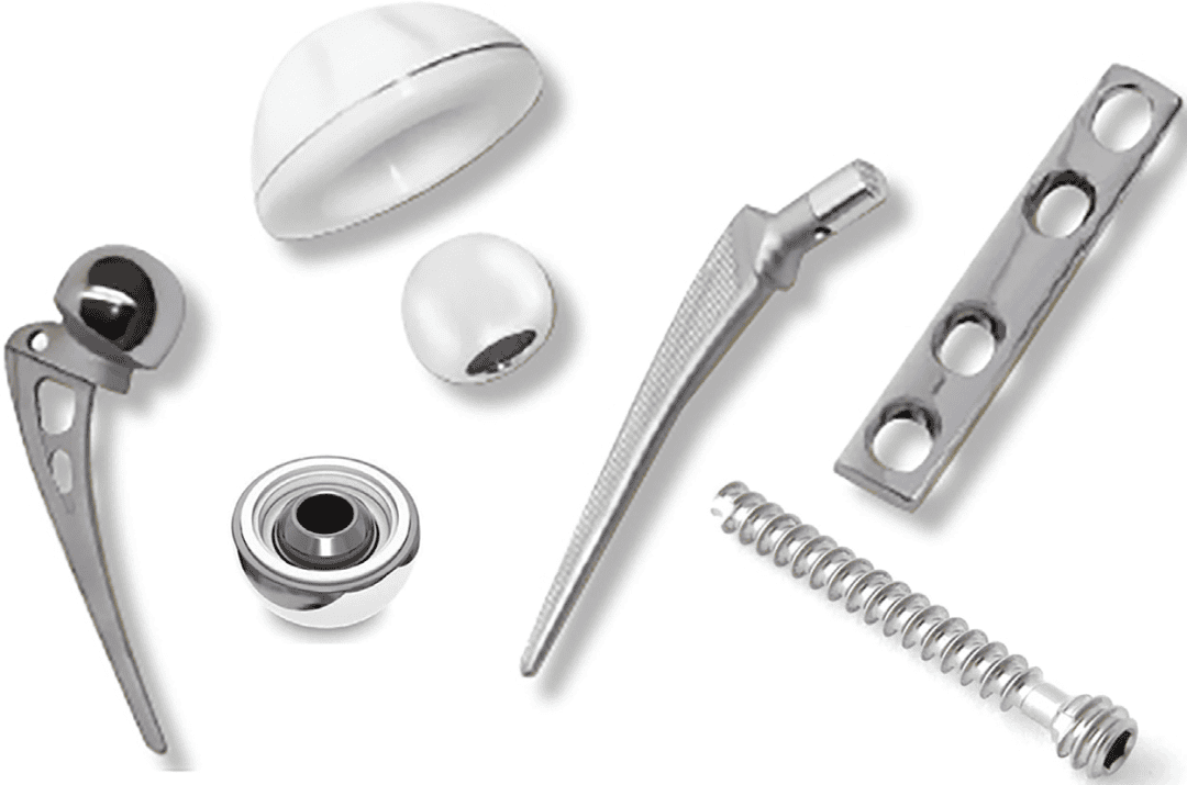 Showcase of CNC-machined medical parts made from various metals.