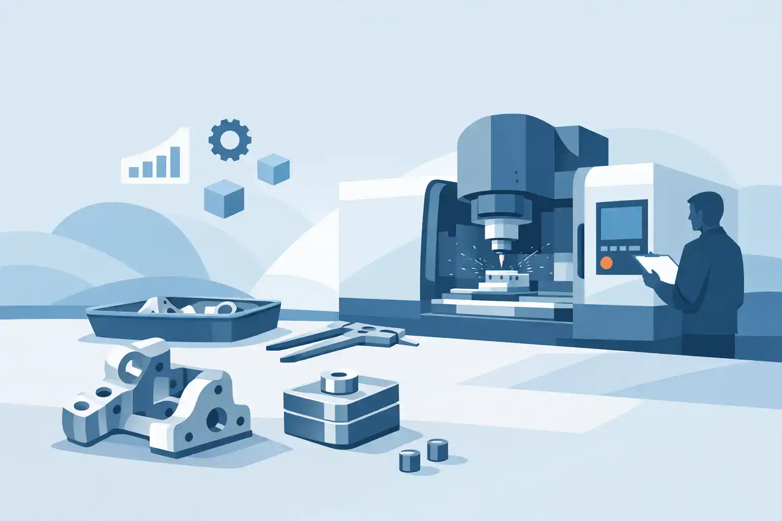 CNC machining process with a technician operating a machine for low volume production.