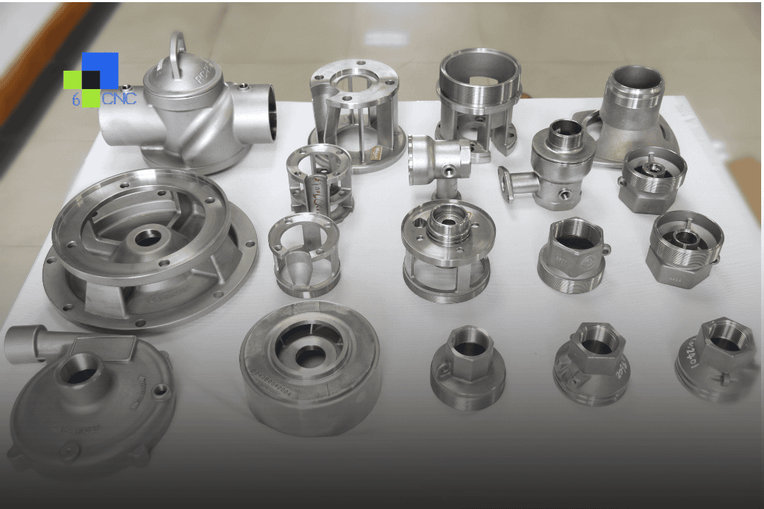 Precision CNC machined parts displayed on a workbench, showcasing various tolerances and finishes.