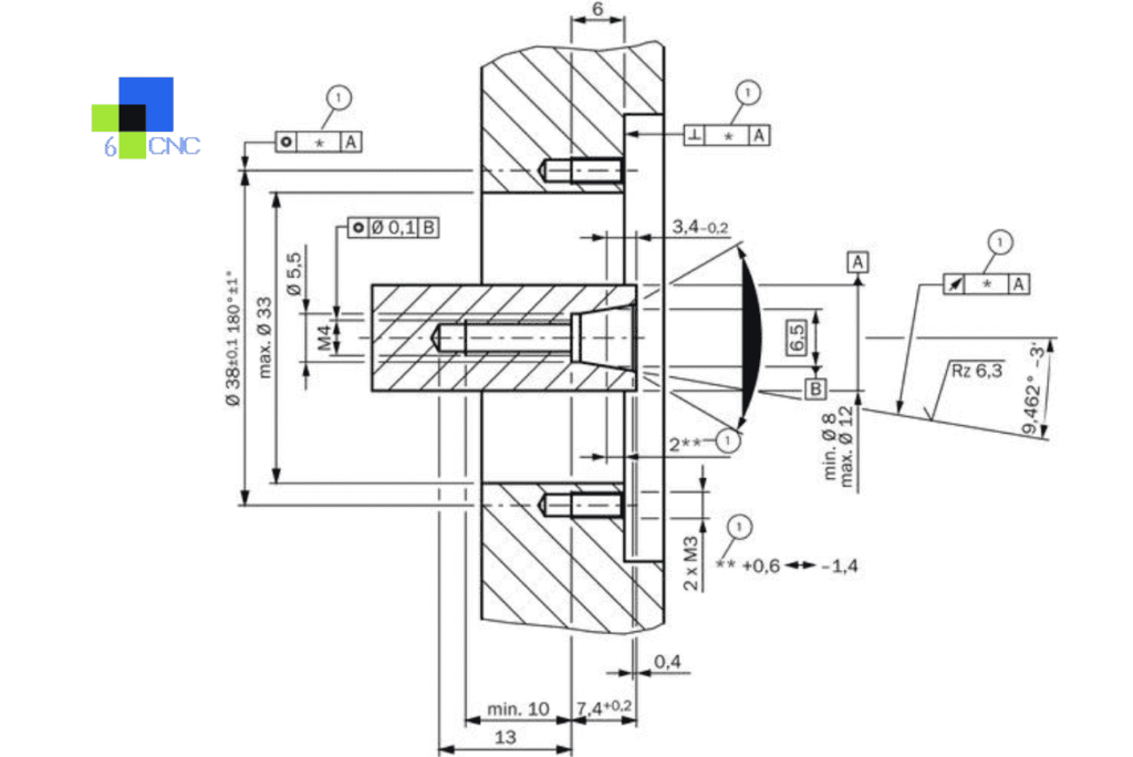 A detailed technical drawing of a machined part illustrating tolerance specifications for CNC manufa.