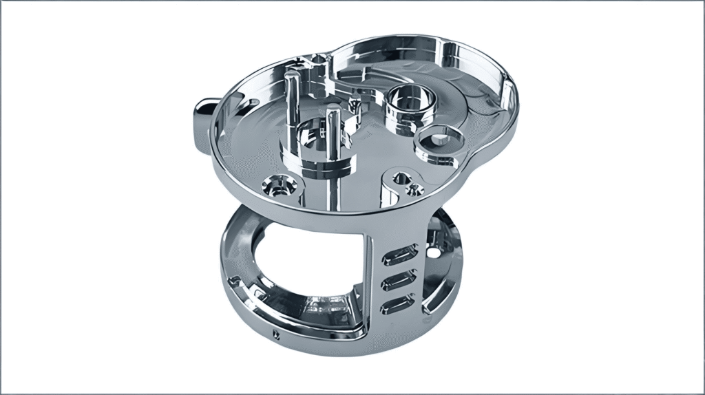 High-precision CNC machined metal component with intricate design and polished finish.