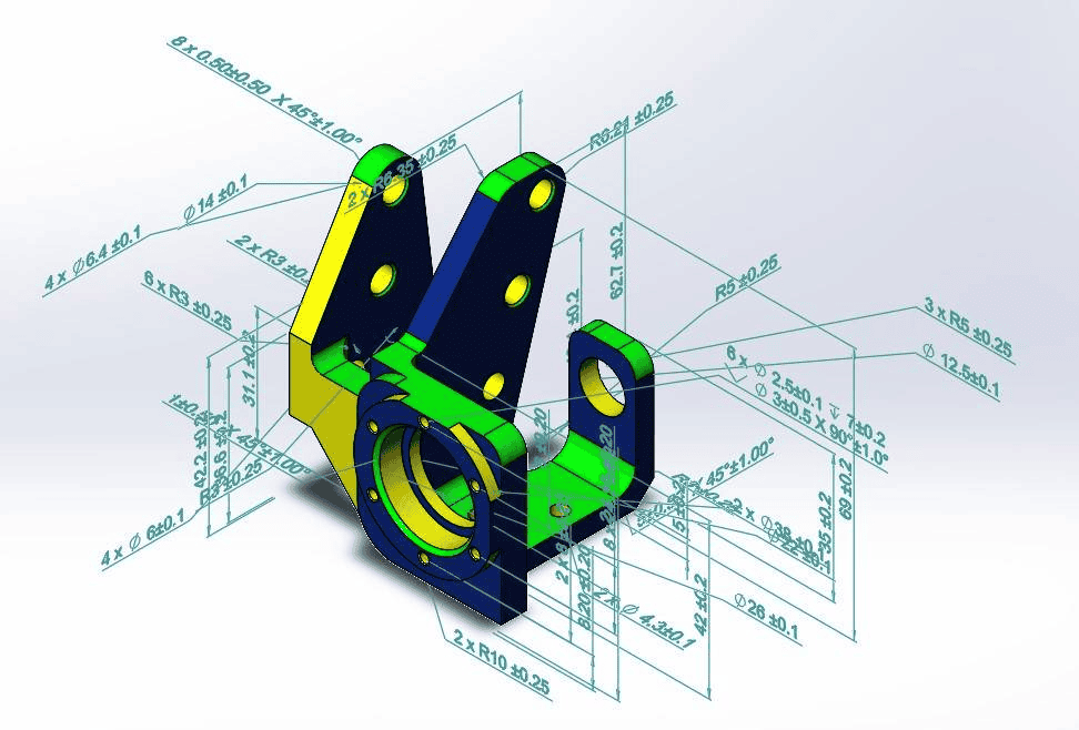 DFM for CNC machining with detailed technical dimensions for manufacturing.