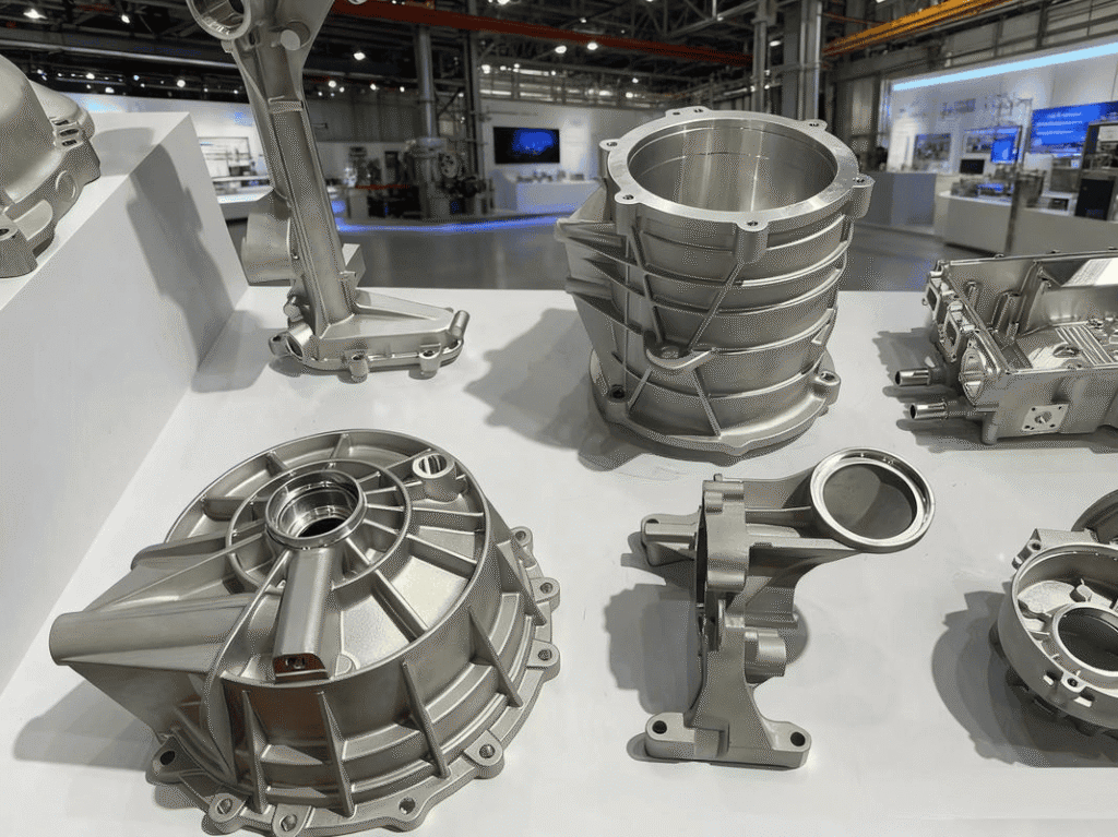 High-precision CNC machined metal parts displayed at a manufacturing exhibition.