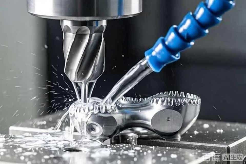 High-precision CNC milling process shaping metal parts with coolant and cutting tools.