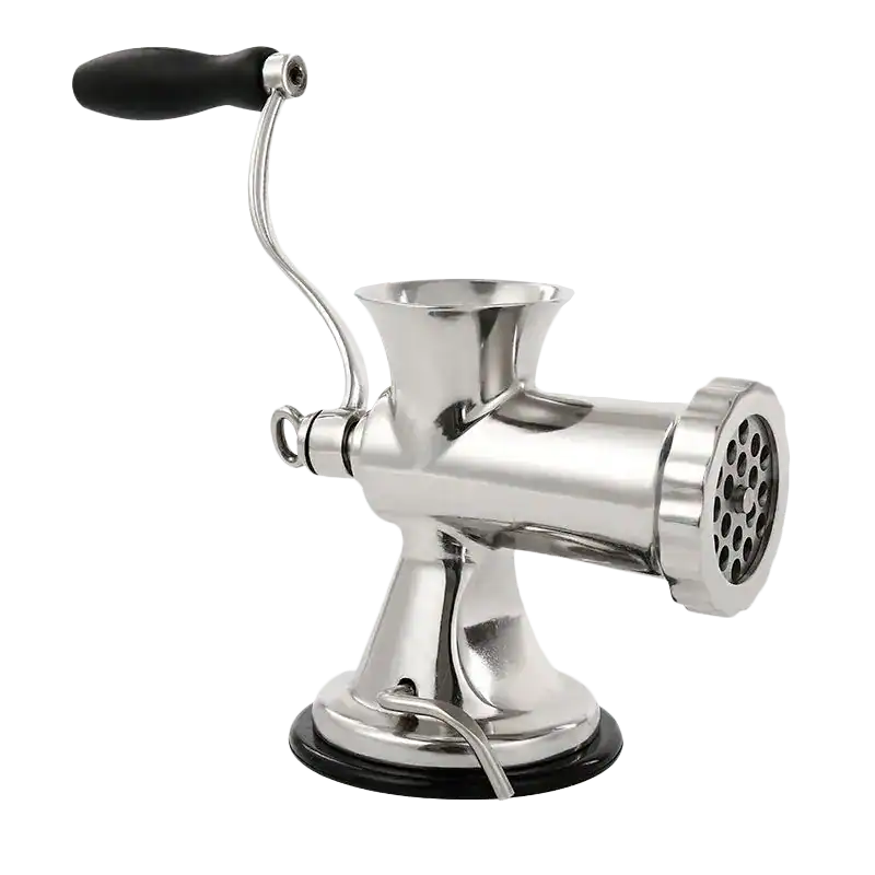 A meat grinder with a metal body, handle, and grinding plate.