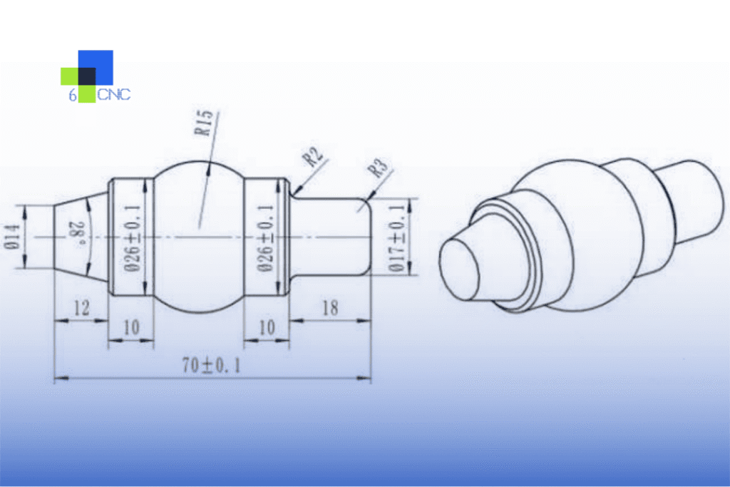 Precision CNC machined metal component technical drawing with detailed dimensions.