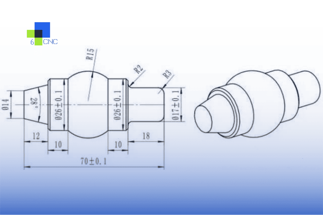 Precision CNC machined metal component technical drawing with detailed dimensions.