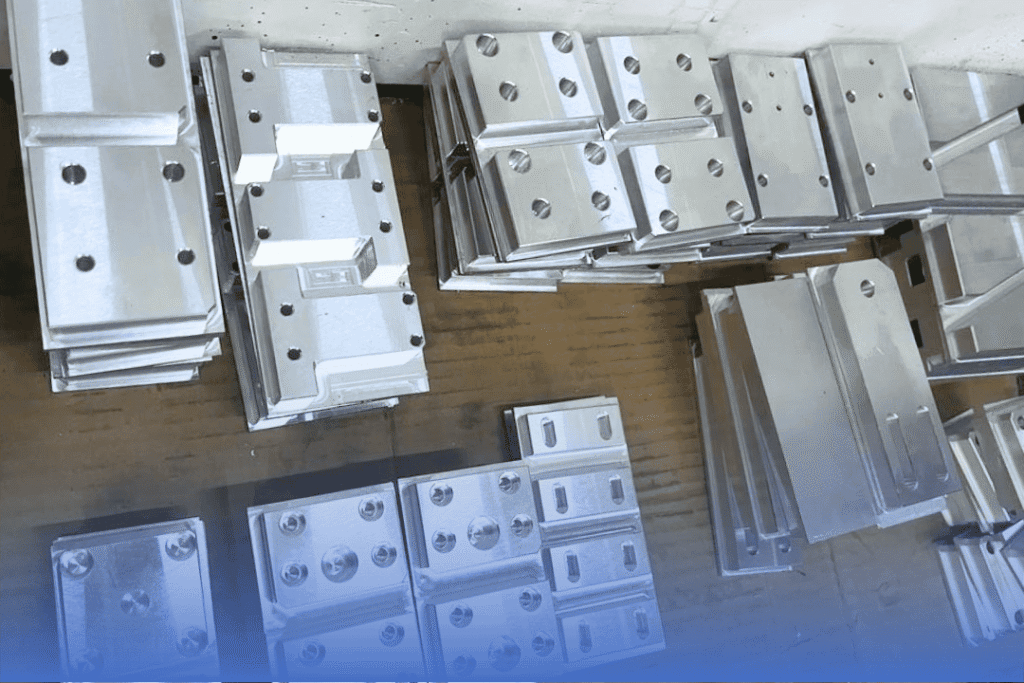 Aluminum CNC machined parts stacked on wooden surface for manufacturing.