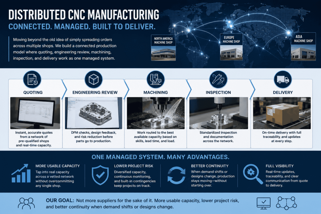 High-precision CNC machining process with inspection and delivery stages at 6 CNC.