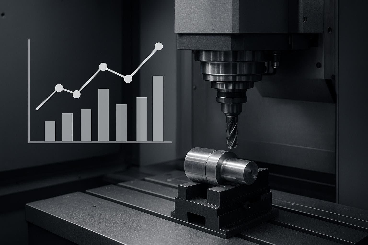 CNC machine drilling metal cylinder on industrial manufacturing equipment.
