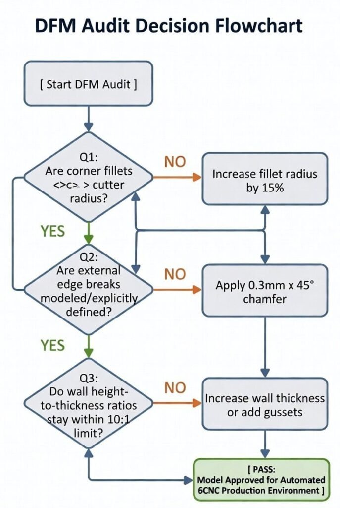 Flowchart of DFM audit decision process for CNC part manufacturing.