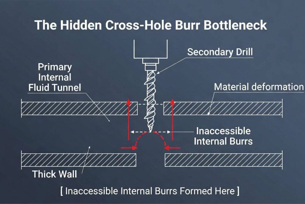 The Hidden Cross-Hole Burr Bottleneck - CNC machining illustration showing drill, material deformati.