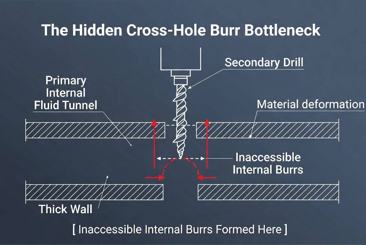 The Hidden Cross-Hole Burr Bottleneck - CNC machining illustration showing drill, material deformati.
