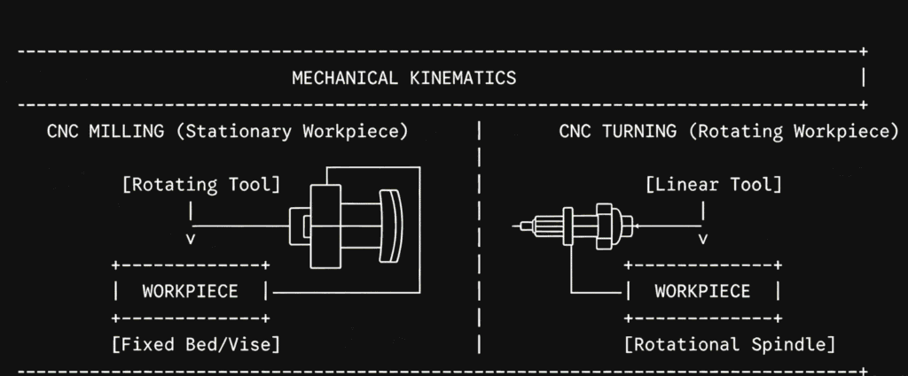 CNC machining process diagram showing stationary and rotating workpieces with tools.