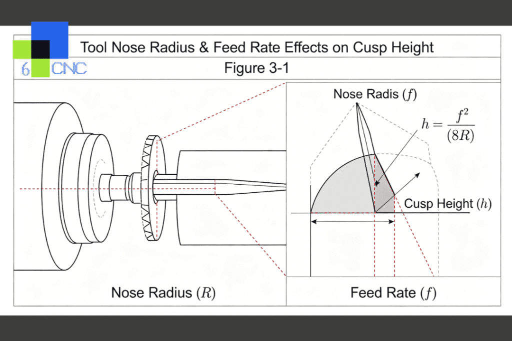 Technical diagram of tool nose radius and feed rate effects on cusp height in CNC machining.