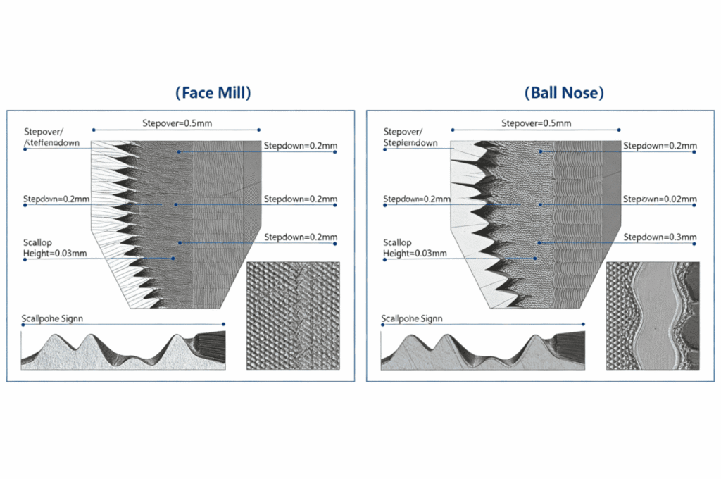 Comparison of Operating Principles: This figure illustrates a microscopic comparison of the surface waviness and residual scallop height generated by a face milling cutter and a ball-nose cutter under different stepover and step-down settings. [Figure 4-1]
