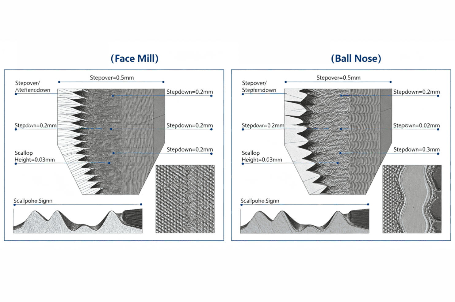 Comparison of Operating Principles: This figure illustrates a microscopic comparison of the surface waviness and residual scallop height generated by a face milling cutter and a ball-nose cutter under different stepover and step-down settings. [Figure 4-1]