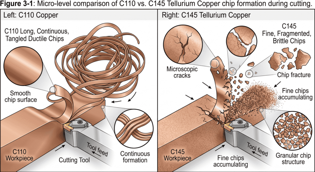 Comparison of C110 and C145 copper chips during CNC machining with detailed features.