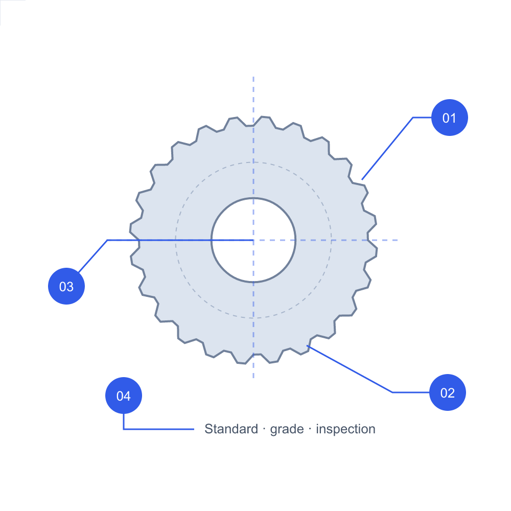 Gear drawing requirements, with tooth, mating, bore datum, and document note references